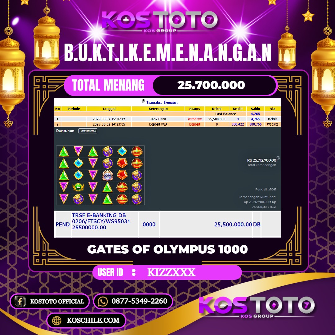 KOSTOTO JACKPOT SLOT GATES OF OLYMPUS 1000 RP.25.700.000,- LUNAS USER ID : KIZZ***