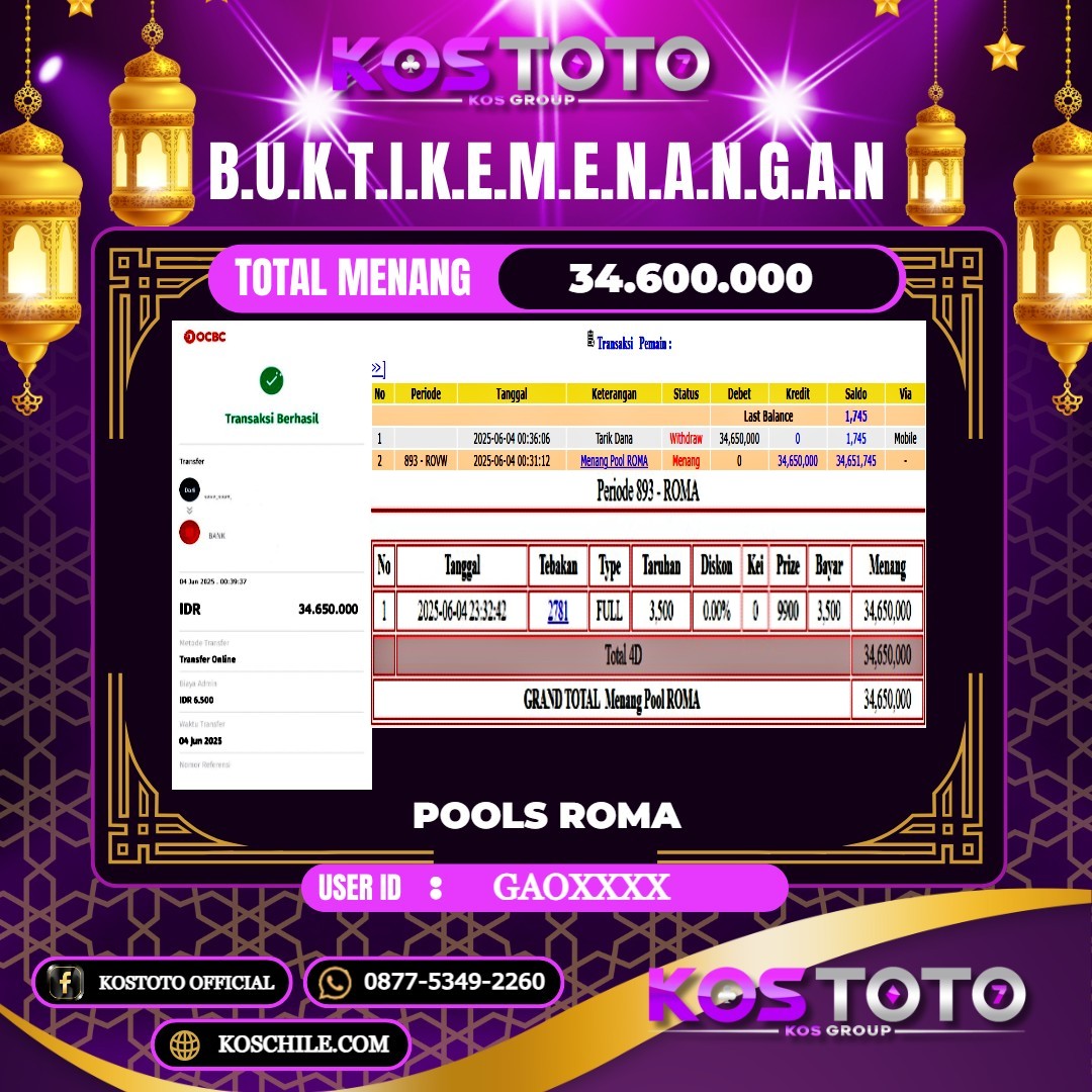 KOSTOTO JACKPOT TOGEL ROMA RP.34.600.000,- LUNAS USER ID : GAO****
