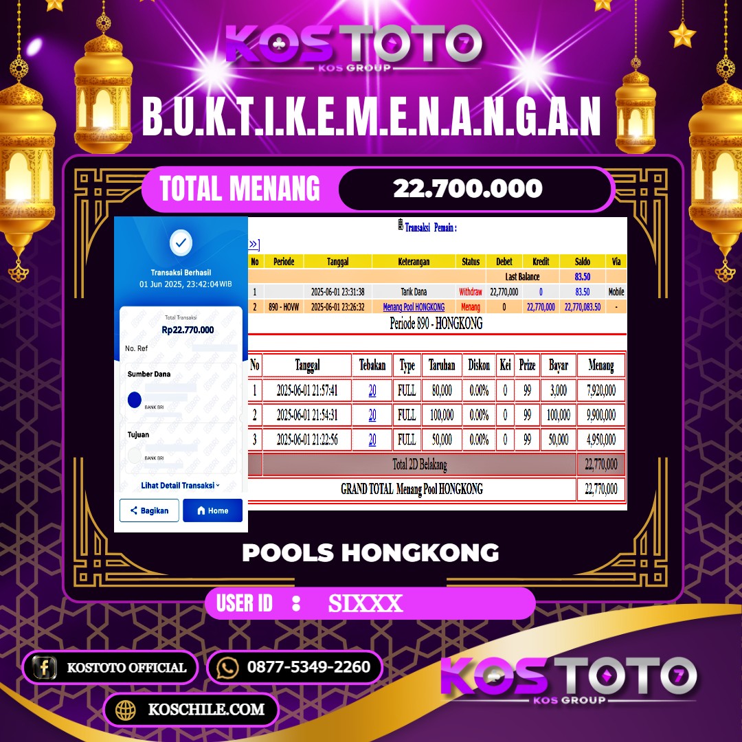KOSTOTO JACKPOT TOGEL HONGKONG RP.22.700.000,- LUNAS USER ID : SI****