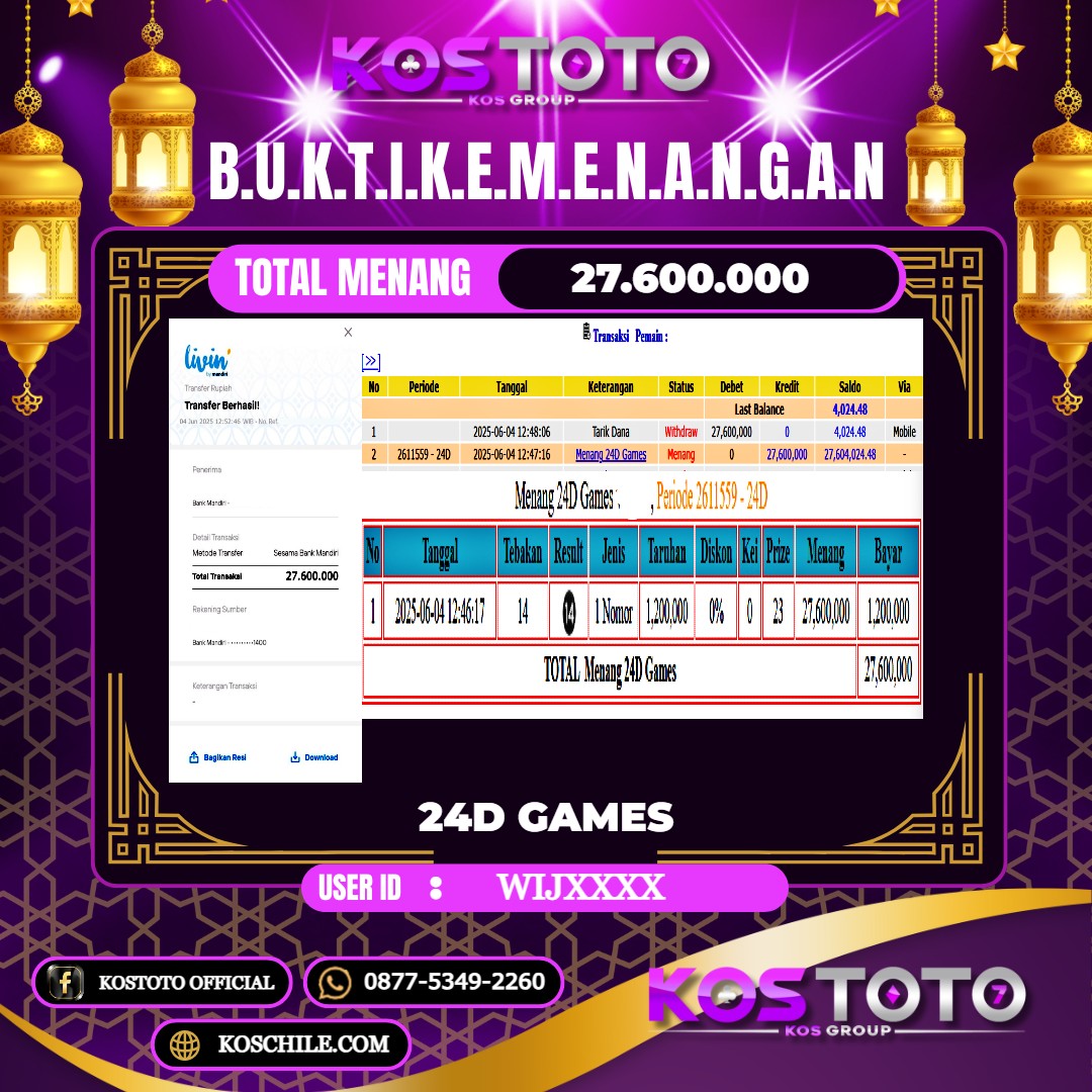KOSTOTO JACKPOT CASINO 24D GAMES RP.27.600.000,- LUNAS USER ID : WIJ***