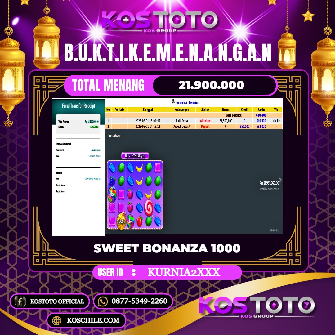 KOSTOTO JACKPOT SLOT SWEET BONANZA 1000 RP.21.900.000,- LUNAS USER ID : KURNIA2***