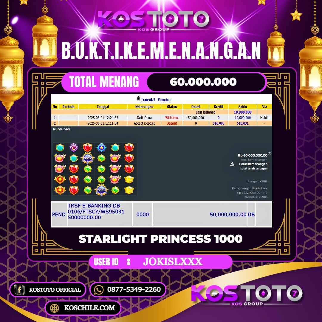 KOSTOTO JACKPOT SLOT STARLIGHT PRINCESS 1000 RP.60.000.000,- LUNAS USER ID : JOKISL***
