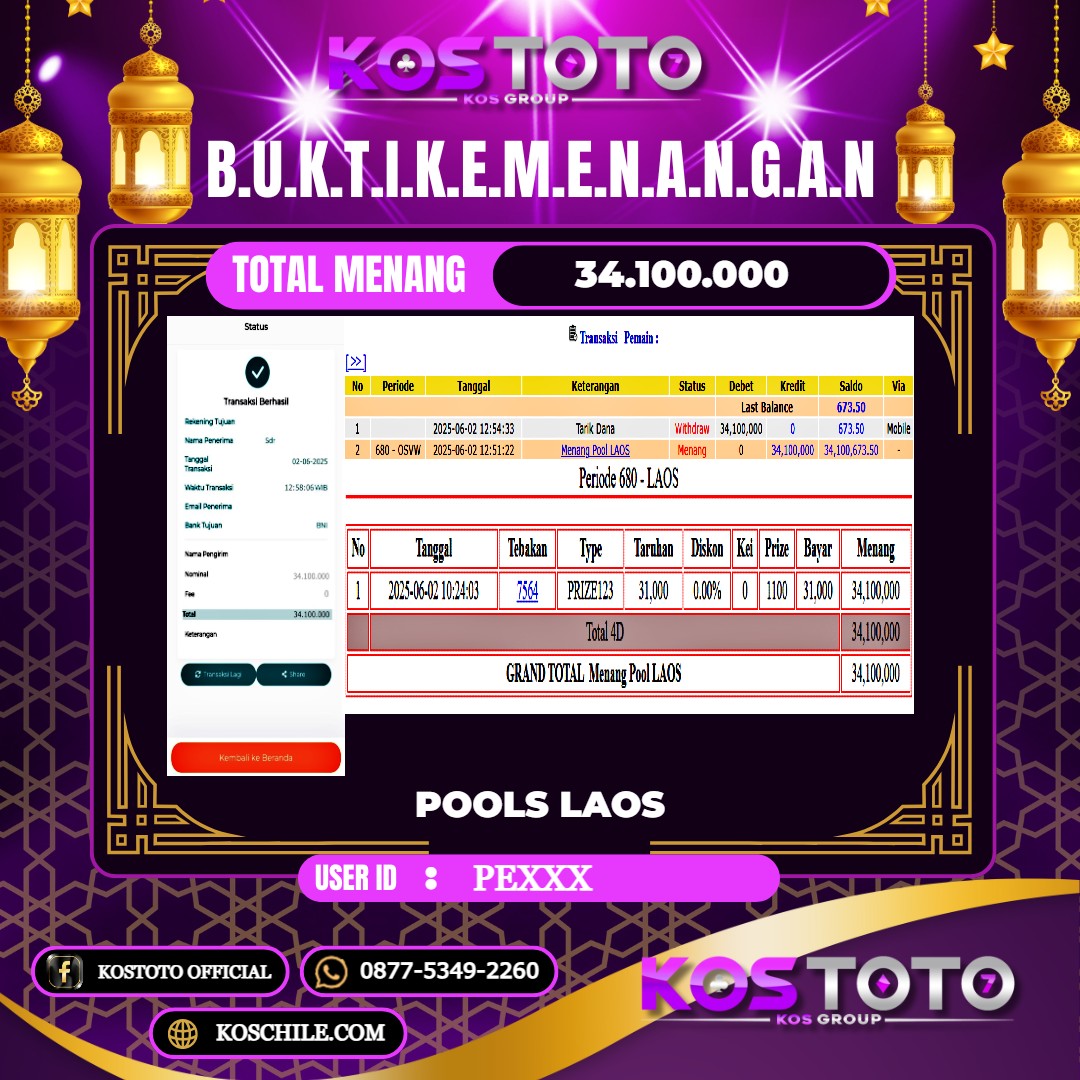 KOSTOTO JACKPOT TOGEL LAOS RP.34.100.000,- LUNAS USER ID : PE****