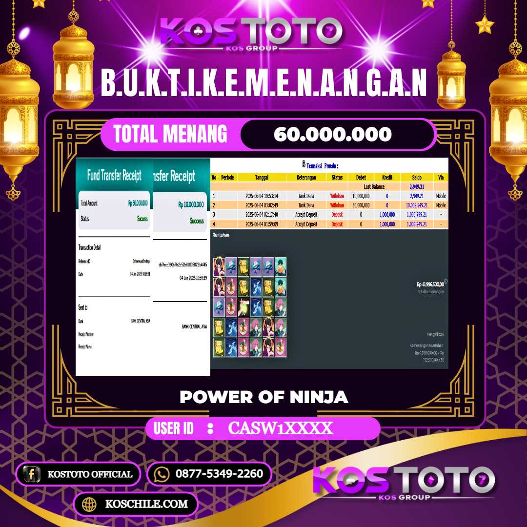 KOSTOTO JACKPOT SLOT POWER OF NINJA RP.60.000.000,- LUNAS USER ID : CASW1***