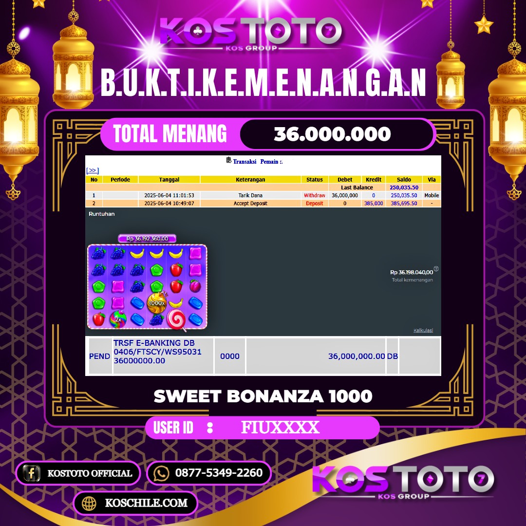 KOSTOTO JACKPOT SLOT SWEET BONANZA 1000 RP.36.000.000,- LUNAS USER ID : FIU***