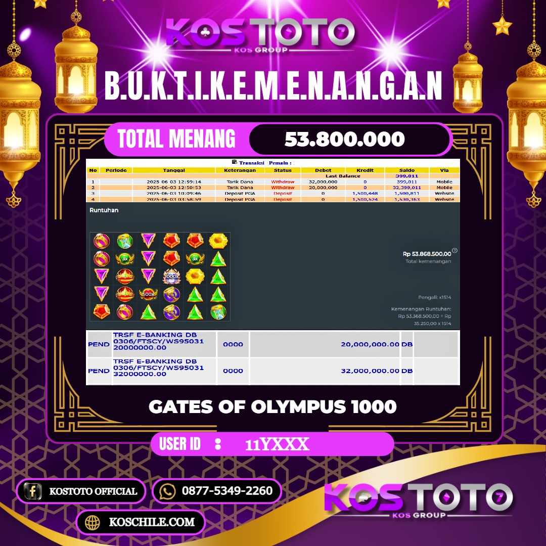 KOSTOTO JACKPOT SLOT GATES OF OLYMPUS 1000 RP.53.800.000,- LUNAS USER ID : 11Y***