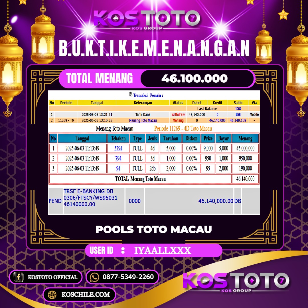 KOSTOTO JACKPOT TOGEL TOTO MACAU RP.46.100.000,- LUNAS USER ID : IYAALL****