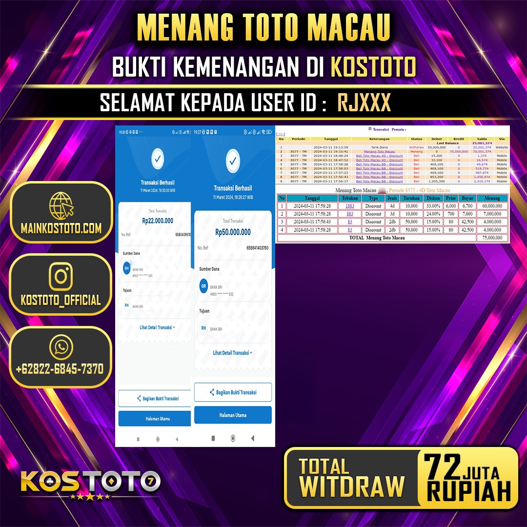 KOSTOTO JACKPOT TOGEL PASARAN TOTO MACAU Rp. 72.000.000,- LUNAS