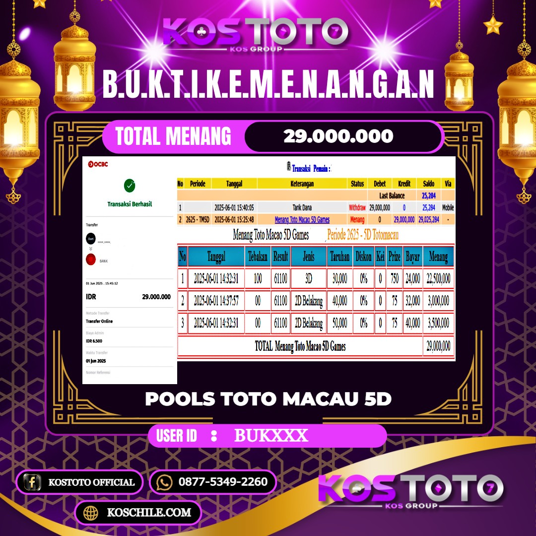 KOSTOTO JACKPOT TOGEL TOTO MACAU 5D RP.29.000.000,- LUNAS USER ID : BUK****
