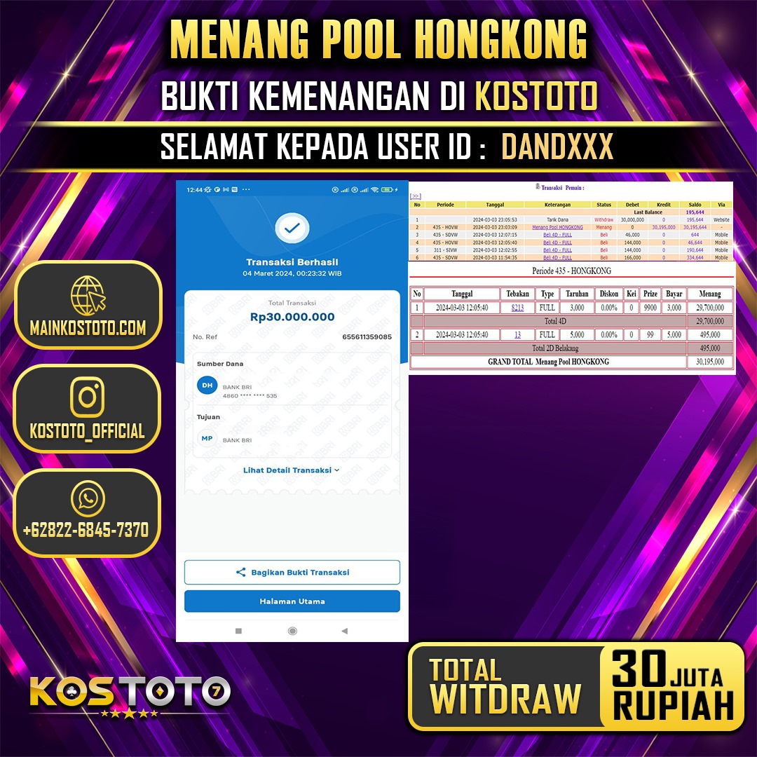 KOSTOTO JACKPOT TOGEL PASARAN HONGKONG Rp. 30.000.000,- LUNAS