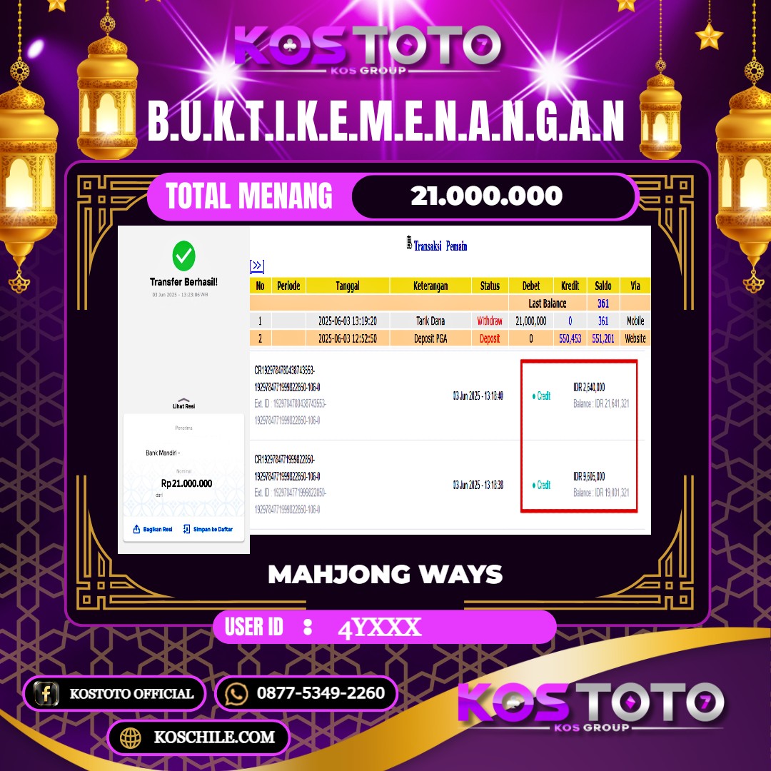 KOSTOTO JACKPOT SLOT MAHJONG WAYS RP.21.000.000,- LUNAS USER ID : 4Y***